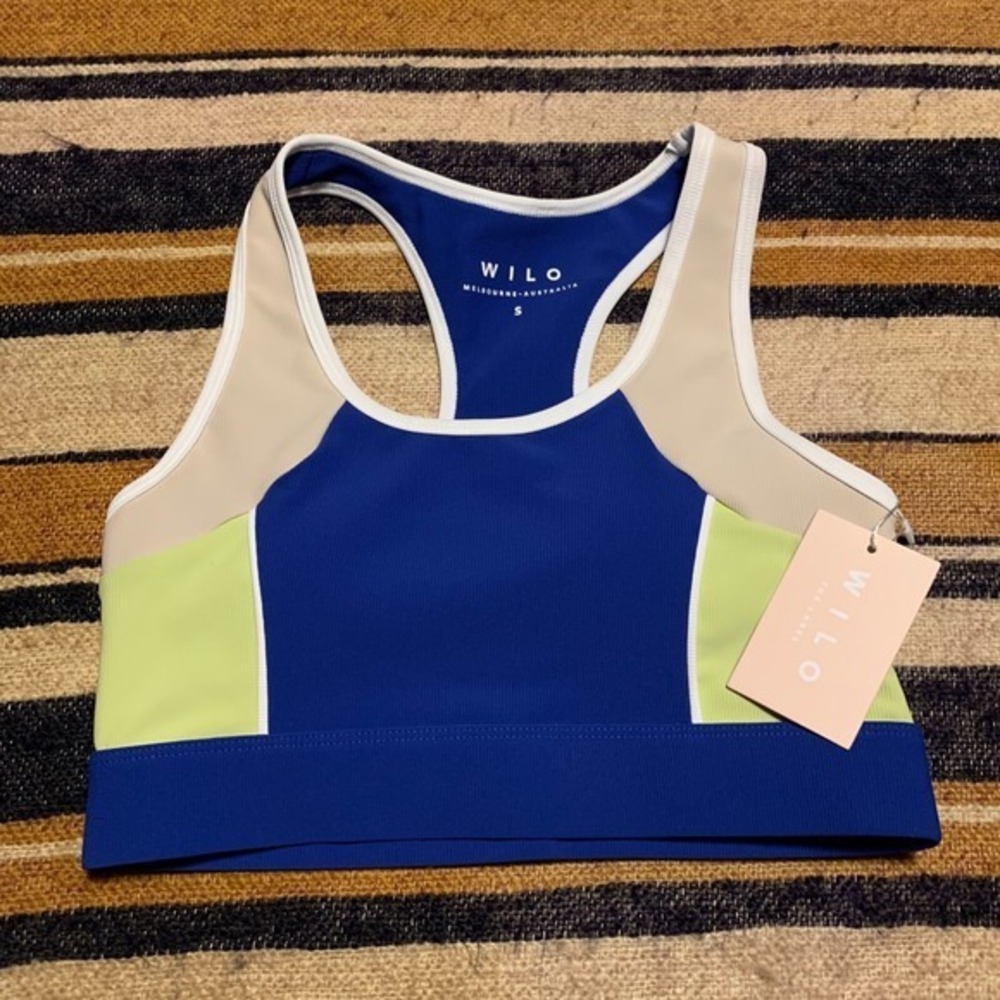 WILO Ribbed Racer Panel Leggings Sports Bra Set Cobalt Lime Tan Small New - Picture 2 of 7